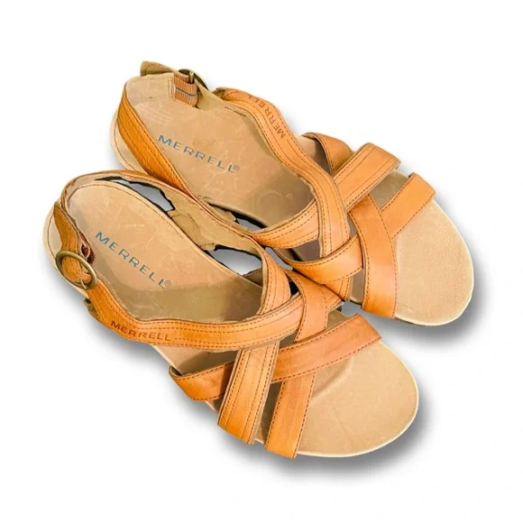 Merrell Shoes Merrell Bassoon Flat Leather Tan Strappy Sandals